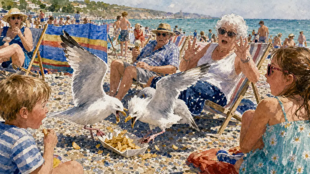 editorial documentary photograph of a crowded British seaside beach, two seagulls fighting over a tray of chips, vivid saturated colors and harsh daylight flash, no text, no logo