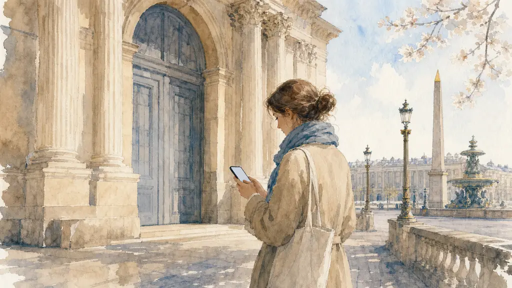 editorial photograph of a visitor outside the closed Jeu de Paume entrance at Place de la Concorde, checking an exhibition archive on a smartphone in soft spring light, no visible text, no logo