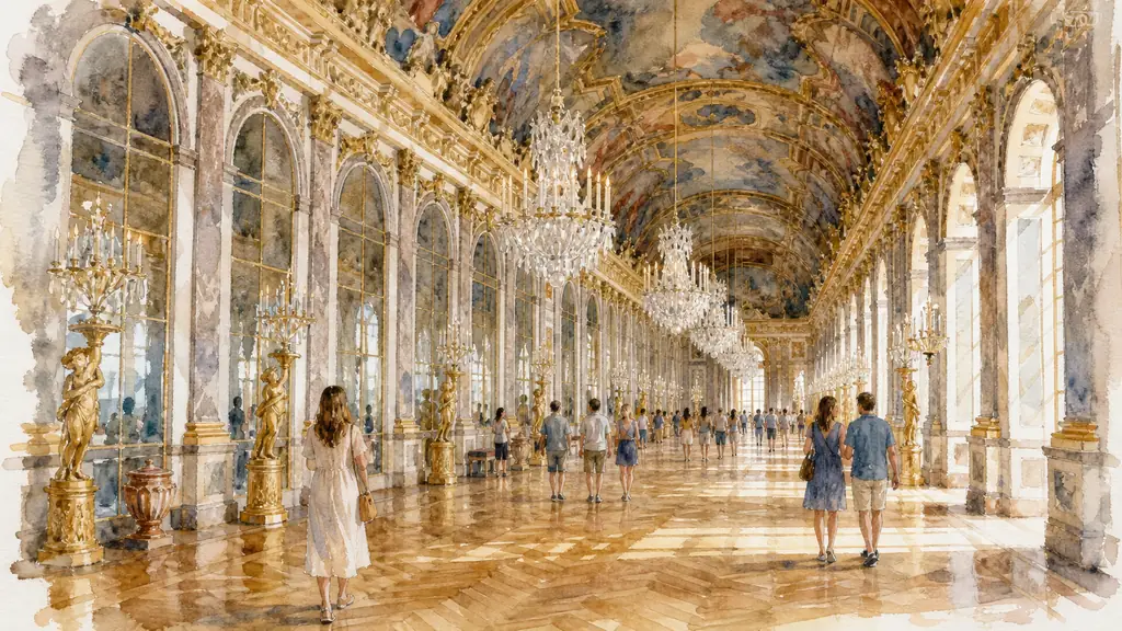 Editorial photograph of visitors walking through the Hall of Mirrors at the Palace of Versailles, reflections repeating across ornate mirror-lined arcades, gilded classical decoration glowing in natural light, no text, no logo