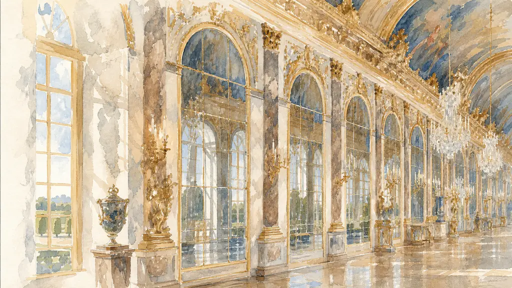 Editorial close-up photograph inside the Hall of Mirrors at Versailles, aligned mirror-filled arcades reflecting tall garden windows, gilded ornamentation catching natural light, no text, no logo