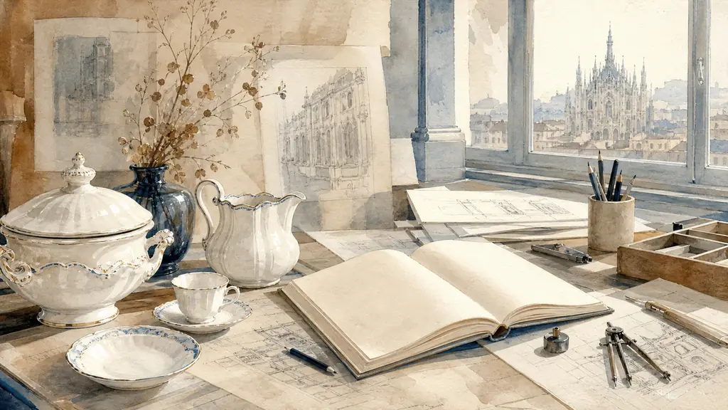 Editorial photograph of a 1920s Milan design studio table with white Richard-Ginori porcelain pieces, sketched architectural drawings, and an open vintage magazine, soft natural light, no text, no logo