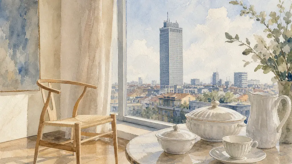 Editorial photograph of a pale wooden Superleggera chair beside a large window, with the Pirelli Tower rising in the Milan background and white Richard Ginori ceramic pieces on a nearby table, soft natural light, no text, no logo