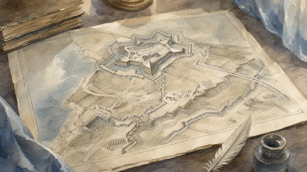 close-up editorial photograph of an antique military architecture engraving on a reading table, showing fortified walls, attack lines and fine cross-hatching, soft museum light, no added text or logo
