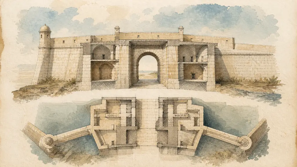 editorial close-up photograph of an antique military architecture print showing a gate passage in plan and profile, a fortified curtain wall and precise section hatching, soft archival light, no text or logo