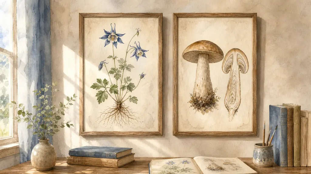 Editorial photograph of two framed unlabeled antique botanical prints on a study wall, one showing a flowering plant with visible roots, the other a mushroom with a detailed gill cross-section, soft natural light, no text, no logo
