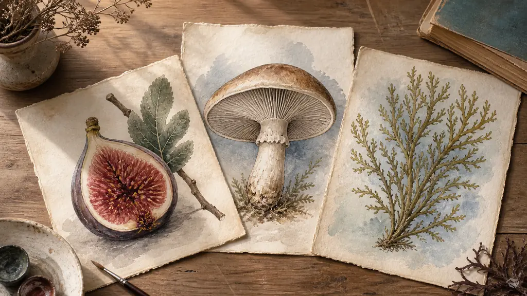 Editorial photograph of antique botanical plates showing a sliced fig, a mushroom with visible gills, and finely branching algae arranged on a wooden study table, soft natural light, no text, no logo