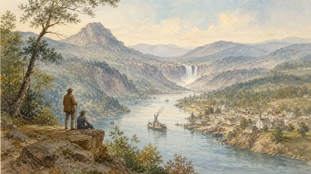 nineteenth-century North American river valley seen from a high overlook, engraved-landscape mood translated into a realistic editorial photograph, waterfall in the distance, small village and boats below, layered mountains, soft natural light, no text, no logo