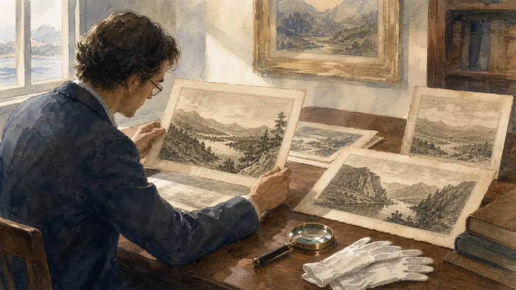 historian or art lover seated at a wooden table comparing several antique engraved prints of North American landscapes, soft natural window light, white gloves nearby, magnifying glass, textured paper visible, calm editorial photography, no text, no logo