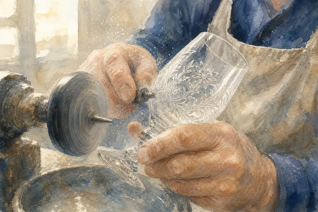 editorial close-up photograph of a craftsperson engraving a clear glass goblet with a rotating abrasive wheel in a workshop, fine glass dust, hands in focus, soft natural light, no text, no logo