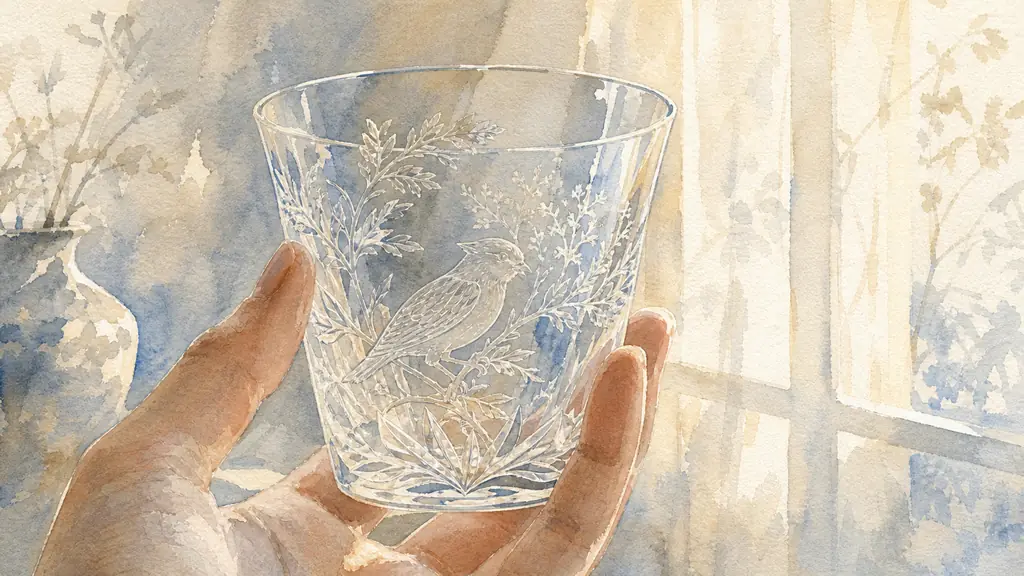 editorial close-up photograph of a hand holding an engraved clear glass in front of soft window light, etched lines and matte areas catching reflections on the curved surface, intimate museum-like atmosphere, no text, no logo