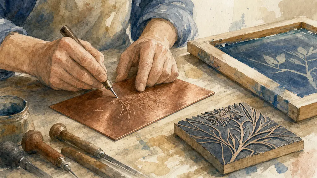 Close-up editorial photograph of a printmaker guiding a burin through a copper plate beside a carved linoleum block and an inked screen-printing frame, soft workshop light, no text or logo