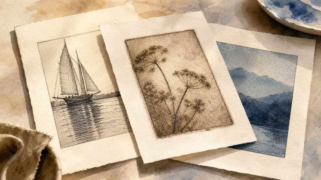 Editorial close-up photograph of three print proofs on a studio table, showing a crisp burin line, a velvety drypoint edge and softly grainy aquatint tonal fields, warm side light, no text or logo