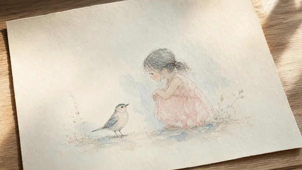 Editorial close-up of a delicate aquatint print on cream paper, showing a small bird and a little girl drawn with very fine lines, pale transparent blue and pink washes, wide empty margins, soft window light on a wooden table, no text, no logo
