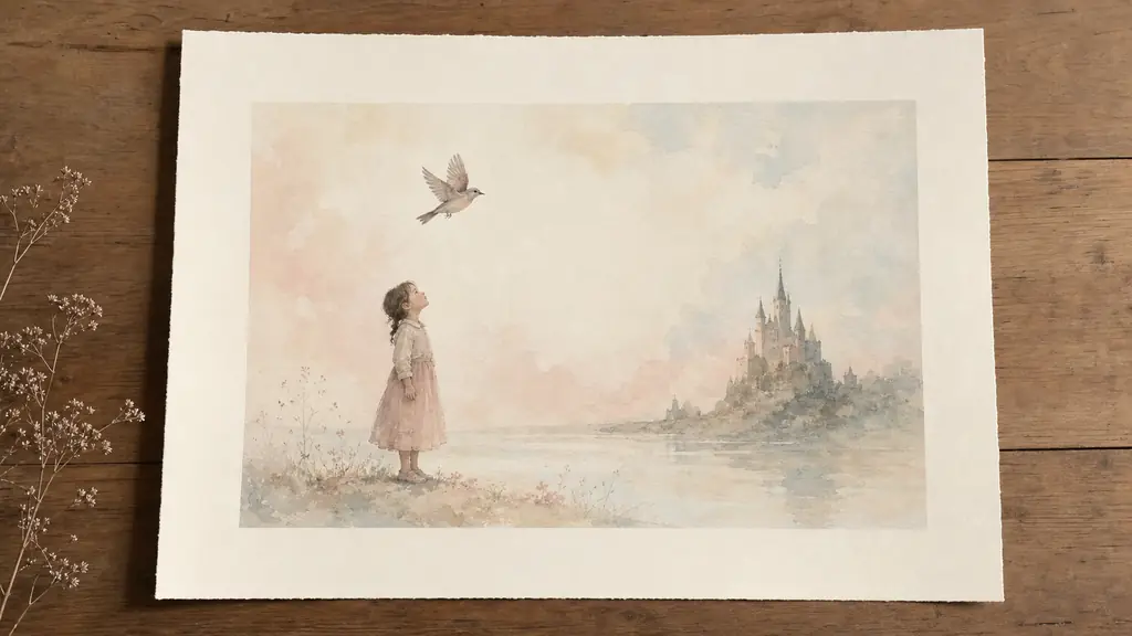 Editorial photograph of a cream-paper aquatint print on a wooden table, showing a small bird above a still young girl and a tiny fairytale castle in the distance, with wide empty margins and pale pink-blue tones, soft natural light, no text, no logo