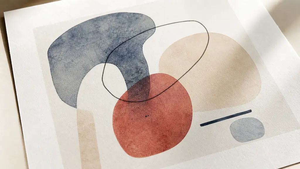 Editorial close-up photograph of a fine art print on white paper under soft gallery light, showing muted dusty blue and subdued red shapes, wide empty margins, crisp dark outlines, and visible powdery aquatint grain texture, no text, no logo
