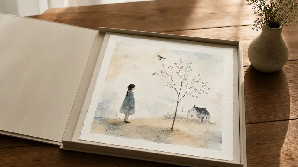Editorial photograph of an open art print portfolio on a wooden table, showing one aquatint with a solitary young girl, a small bird above a thin tree, and a tiny house drawn with sparse dark lines, soft natural light, no text, no logo