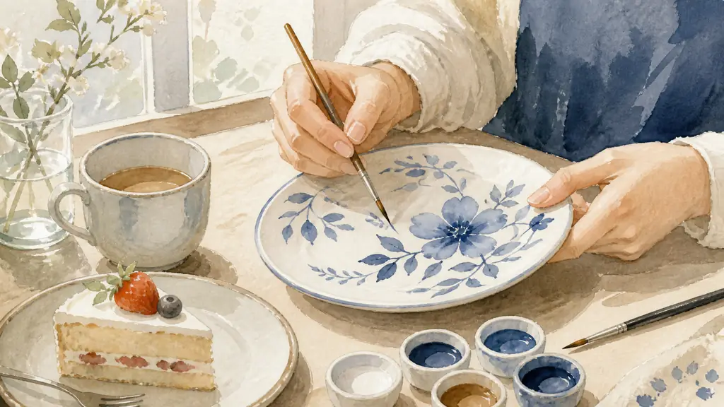 Editorial photograph of hands painting a blue floral motif on a ceramic plate at a café table, with color pots and a slice of cake nearby, natural soft light, no text, no logo