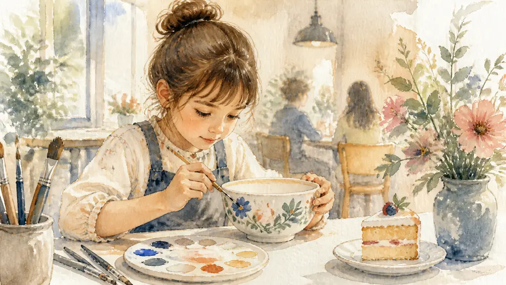 Editorial photograph of a child painting a floral pattern on a ceramic bowl beside a color palette and a small plate of cake in a bright creative café, no text, no logo