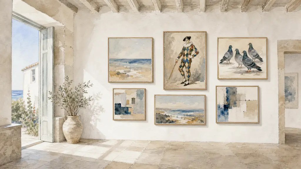 editorial photograph of a quiet contemporary gallery on the Île de Ré, six framed paintings displayed together, one featuring an arlequin-like figure and another a group of pigeons, soft natural light, no text, no logo