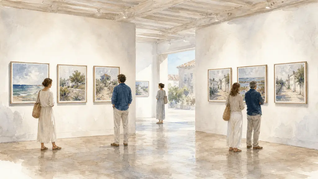 editorial photograph inside Galerie Ars en Ré, six framed paintings displayed in two groups, visitors quietly comparing the works, soft natural island light, no text, no logo