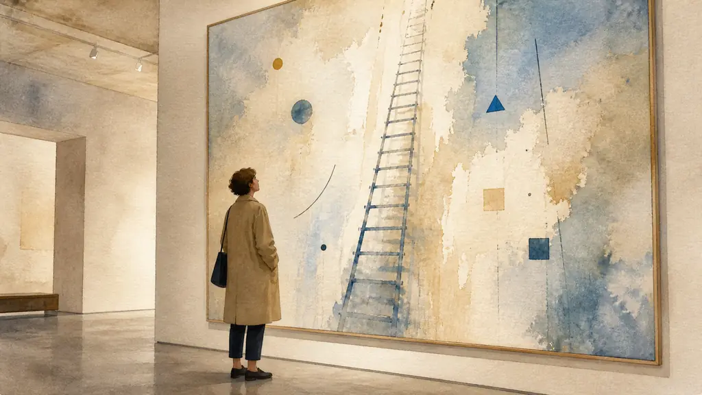 Museum visitor closely observing an abstract painting featuring a vertical ladder-like motif, sparse floating signs and a strong sense of upward movement, editorial photography, no text, no logo