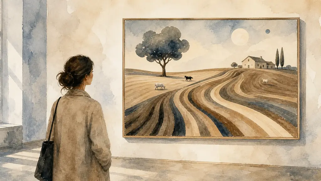 Museum visitor studying a surreal rural painting with a tilled field, a stylized tree, small animals and a farmhouse, editorial photography, no text, no logo