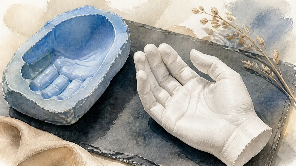 Close-up editorial photograph of a hand-shaped alginate negative mold beside a freshly revealed white plaster hand on a slate base, with fine skin creases clearly visible, soft natural studio light, no text, no logo