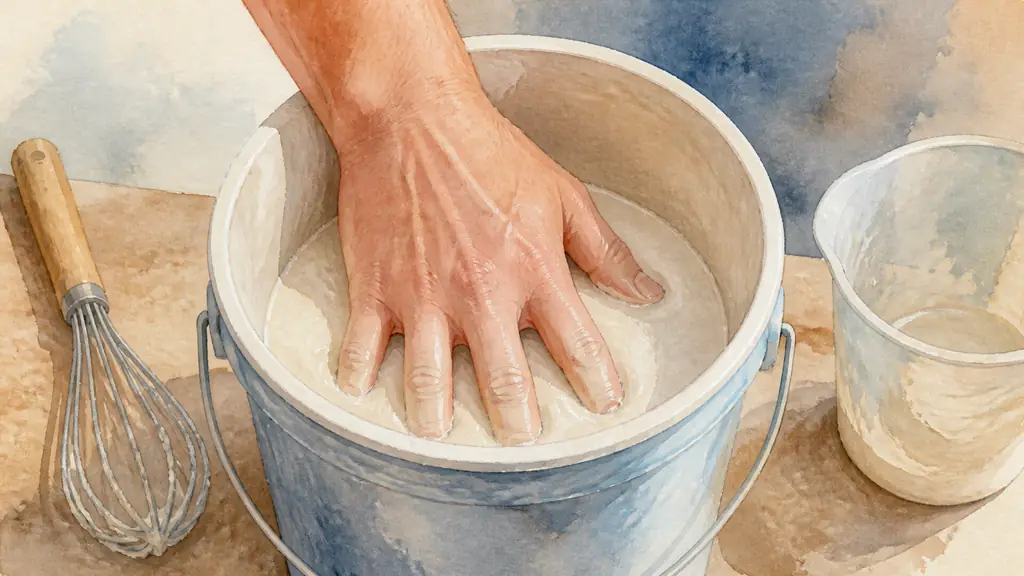 Editorial close-up photograph of an adult hand being slowly immersed into creamy alginate inside a narrow bucket, fingers slightly spread and kept clear of the sides, with a whisk and measuring cup nearby, soft natural workshop light, no text, no logo