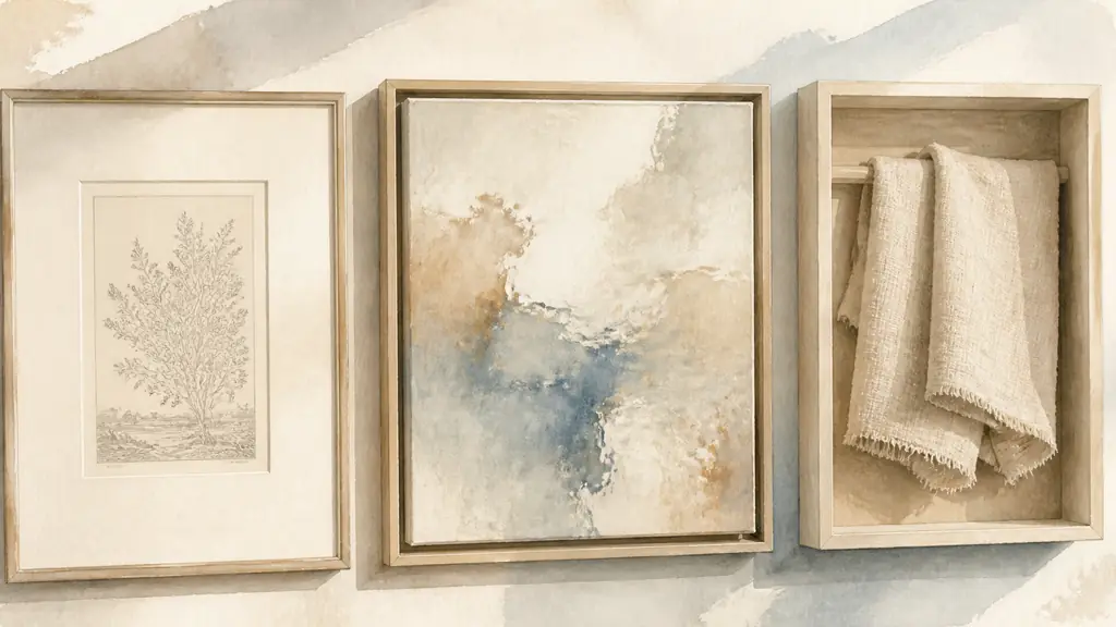 Close-up editorial photograph of a framed engraving with a cream passe-partout beside a canvas set in a floating L-profile frame and a deep shadow-box containing a folded textile, soft natural studio light, no text, no logo