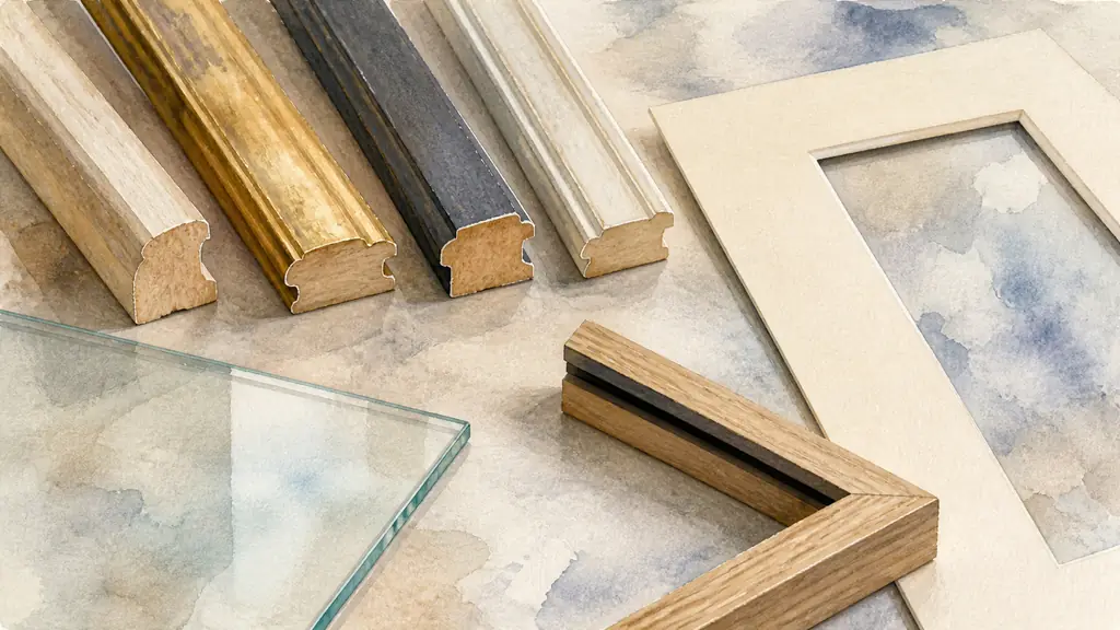 Editorial close-up photograph of frame profile samples in cross-section beside a cream passe-partout, a sheet of glass and an L-shaped floating frame corner, soft natural workshop light, no text, no logo