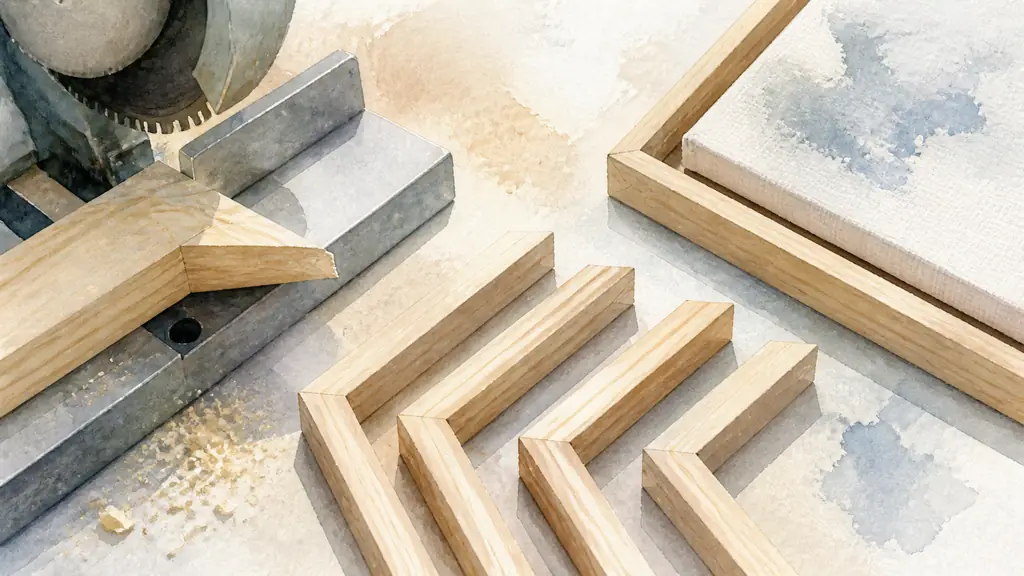 Close-up editorial photograph of a raw wooden framing moulding being cut at a 45-degree angle beside four assembled frame corners and a stretched canvas in an L-shaped floating frame, natural workshop light, no text, no logo
