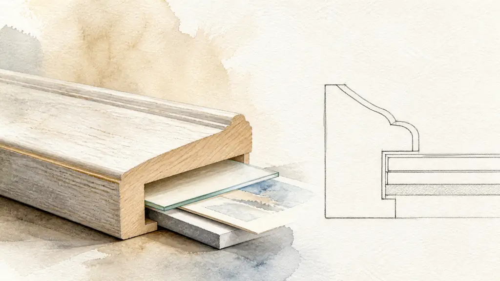 Editorial close-up photograph of a framing moulding cross-section beside a technical profile sketch, with glass, passe-partout and foam board stacked inside the rebate, natural workshop light, no text, no logo