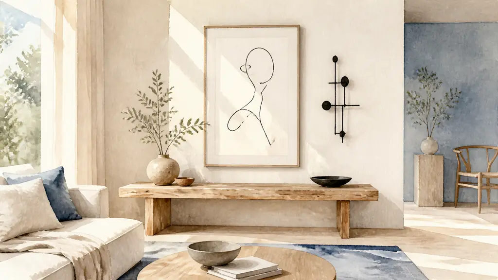 Editorial photograph of a Scandinavian living room featuring a framed black one-line drawing, a raw wood console and a small black iron wall sculpture, soft natural light, no text, no logo