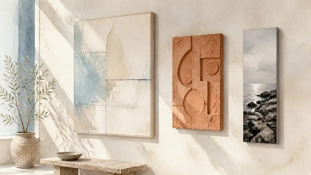 Editorial photograph of an interior wall displaying a large canvas beside a terracotta bas-relief and a slim alu-Dibond photographic panel, soft side light revealing textures, no text, no logo