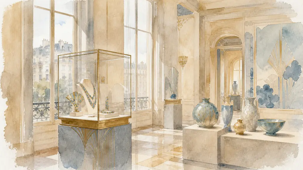Editorial photograph inside the Marsan wing galleries, natural light entering through tall windows onto an Art Deco jewelry display and glazed ceramic objects, no text, no logo