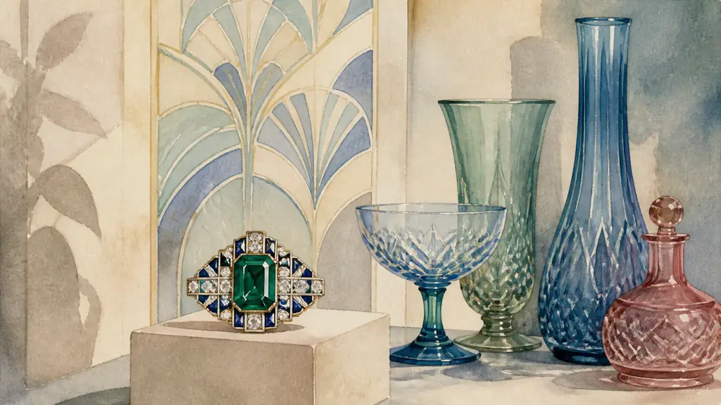 Editorial museum photograph of a geometric Art Deco jewel displayed beside translucent colored glassware and a patterned wallpaper panel, no text, no logo