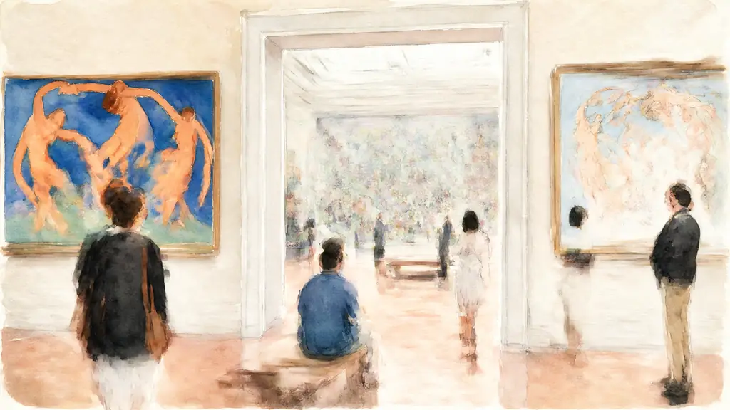 Editorial photograph of visitors observing Henri Matisse's La Danse and La Danse inachevée in a spacious museum gallery, with Raoul Dufy's monumental La Fée Électricité visible in the adjoining room, natural contemplative atmosphere, no text, no logo