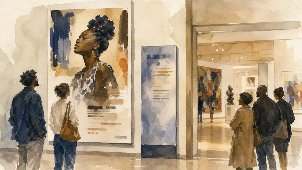 Editorial photograph inside MAM Paris showing visitors studying a Kerry James Marshall exhibition poster beside a gallery entrance announcing the Prix Marcel Duchamp 2026, contemporary artworks glimpsed beyond, no text legible, no logo