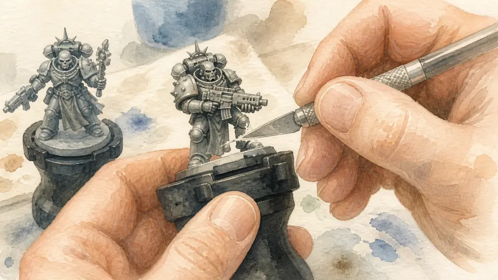 Close-up editorial photograph of hands removing a mold line from a Warhammer miniature with a hobby knife, assembled figure fixed on a painting handle beside a thin grey primer coat, no text, no logo