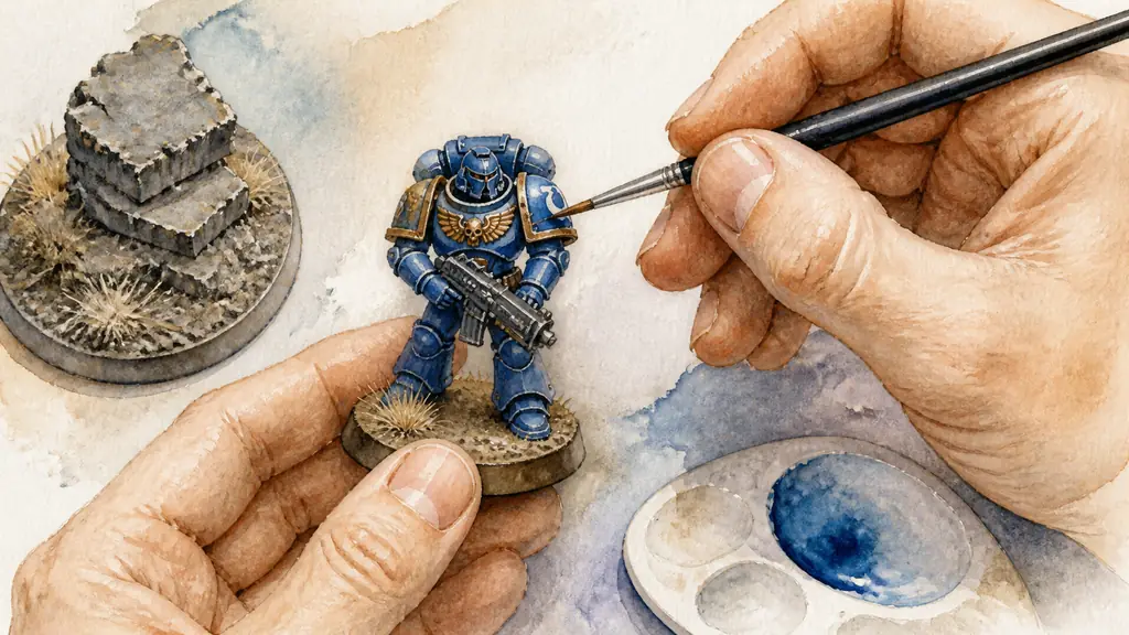 Editorial close-up photograph of a painter applying edge highlights to blue armor with a fine detail brush, beside a textured stone base finished with dry brushing and a small palette holding diluted glaze, no text, no logo