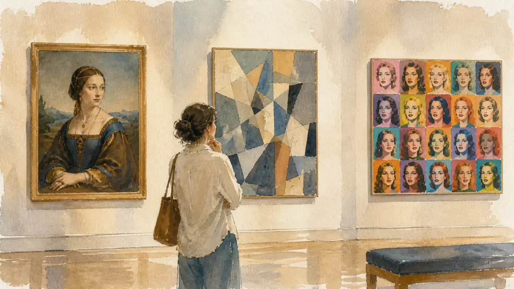museum visitor comparing a softly modeled Renaissance portrait, a fragmented cubist canvas and a wall of repeated brightly colored celebrity faces, editorial photography, no text, no logo