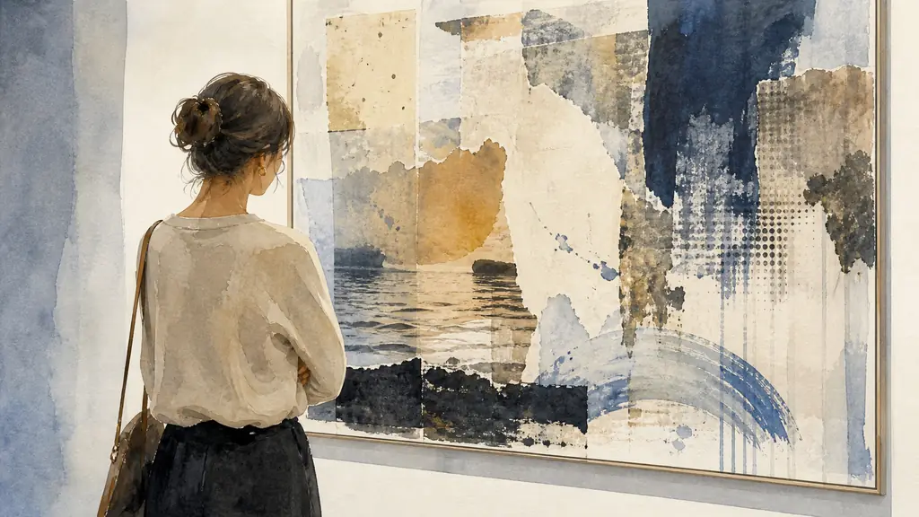 visitor closely observing a mixed-media contemporary painting combining acrylic brushwork, photographic collage and digitally printed fragments in an art gallery, editorial photography, no text, no logo