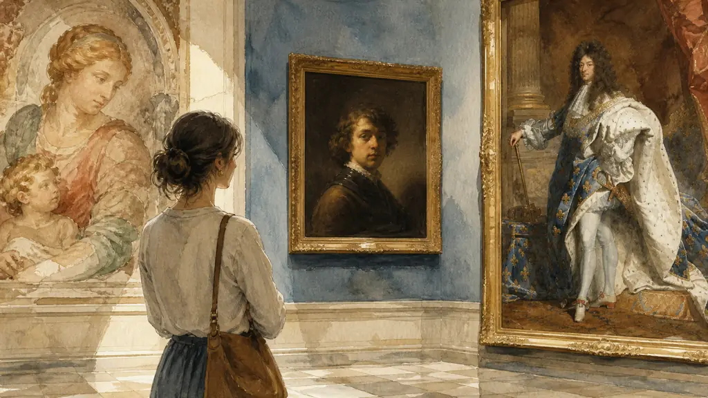 museum visitor observing a Renaissance fresco detail, a dramatically lit chiaroscuro portrait and an elaborate seventeenth-century court portrait, editorial photography, no text, no logo