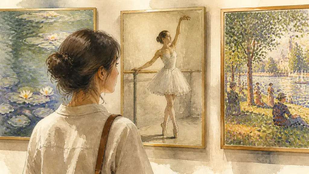 museum visitor closely observing water lilies, a ballet dancer study and the colored dots of A Sunday Afternoon on the Island of La Grande Jatte, editorial photography, no text, no logo