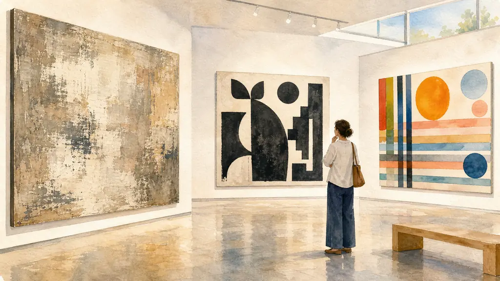 Museum visitor comparing a large scraped abstract canvas, a black stencil image and a colorful acrylic composition of circles and stripes in a contemporary gallery