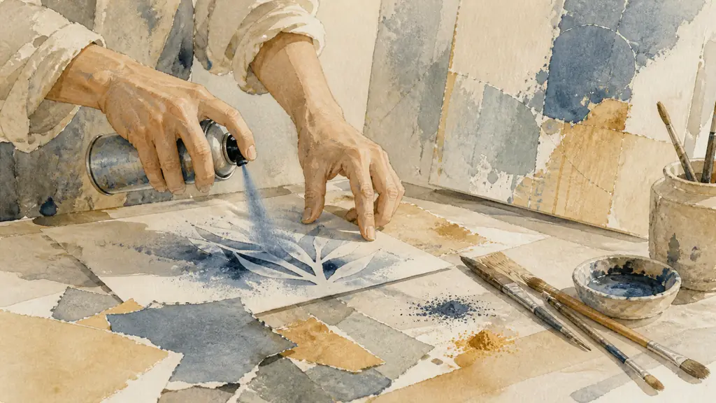 Close-up of an artist applying spray paint through a stencil beside torn collage paper, loose pigments and a partially abstract acrylic canvas in a working studio