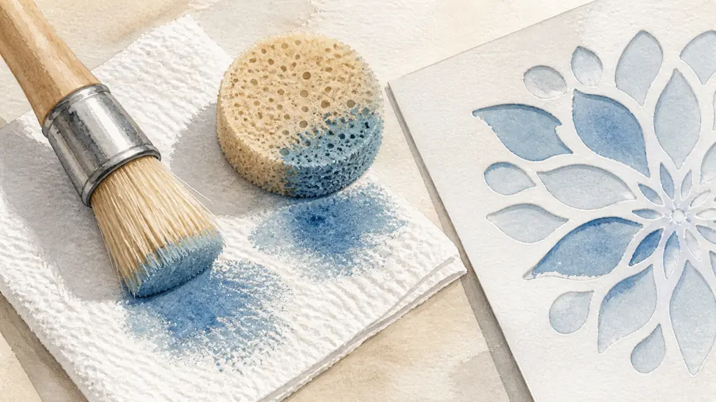 Close-up editorial photograph of a natural-bristle stencil brush and a porous foam dauber beside a cardstock stencil, with a small amount of acrylic paint being blotted onto paper towel, no text, no logo