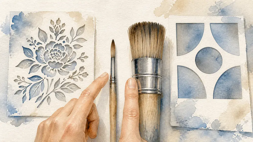 Editorial close-up photograph of 8 mm and 5 cm stencil brushes placed beside a fine floral stencil and a broad geometric stencil opening, with a hand comparing their diameters, no text, no logo