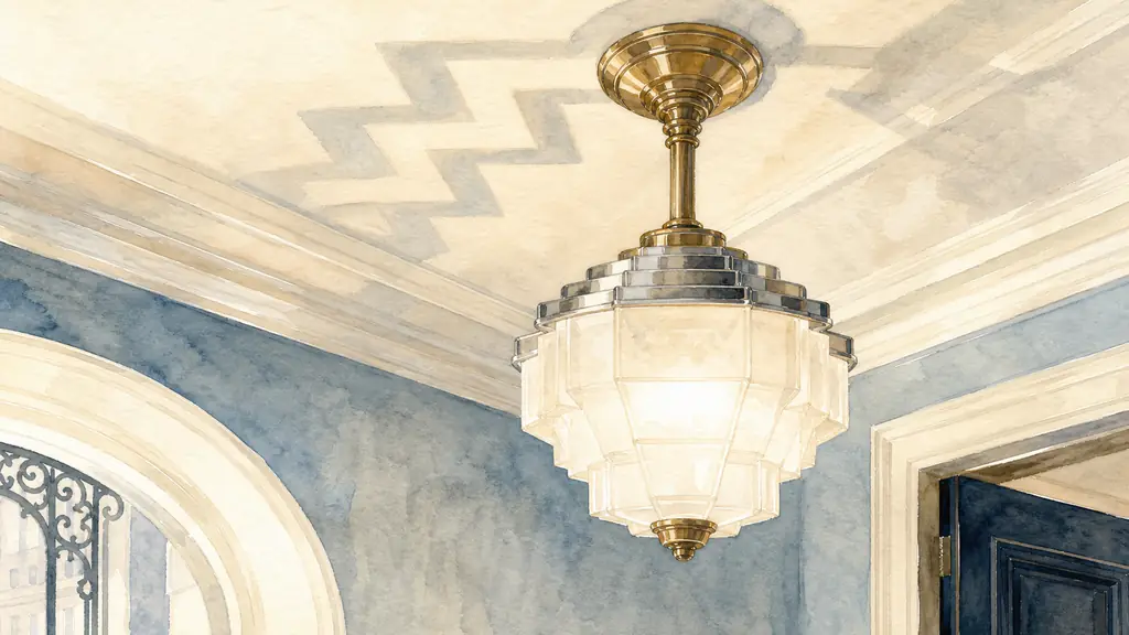 editorial close-up photo of an Art Deco ceiling light with frosted stepped glass, polished brass and nickel details, soft chevron shadows cast on a white ceiling in a Paris apartment entryway, no text, no logo