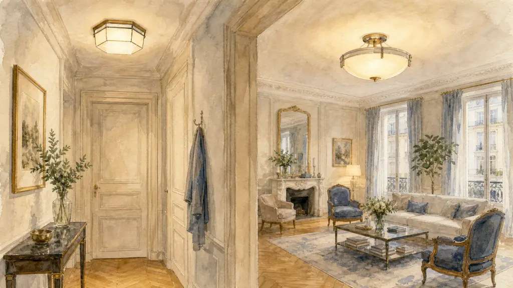 editorial photo of an Art Deco ceiling light selection in a Paris apartment, one compact frosted octagonal flush mount in a narrow entry hall and one wider satin-glass semi-flush fixture in a living room with 2.8m ceiling, brass and nickel details, warm soft light, no text, no logo
